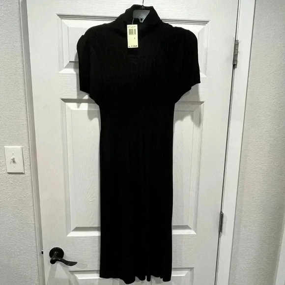 Max Edition Black Maxi Sweater Dress textured chest, short sleeve w turtleneck - Picture 6 of 8